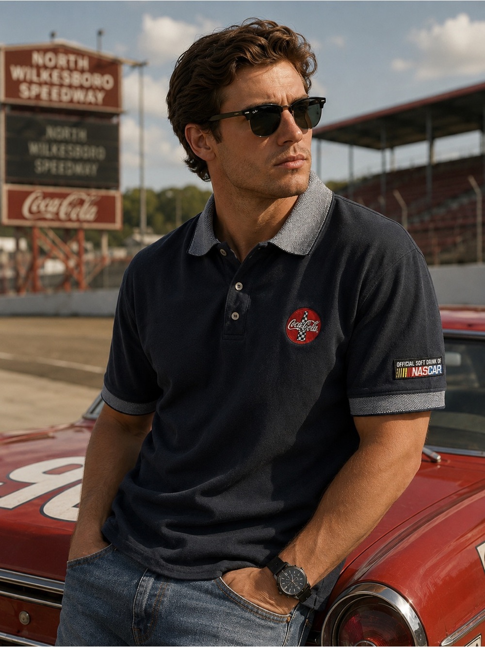 Vintage 90s Coca-Cola NASCAR Polo Shirt Mens Large Black Herringbone Vantage